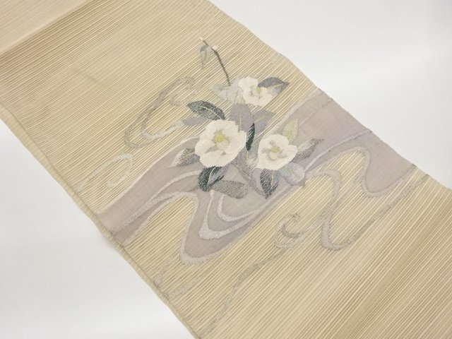 JAPANESE KIMONO / NAGOYA OBI FOR SUMMER / WOVEN STREAM WATER & CAMELLIA 